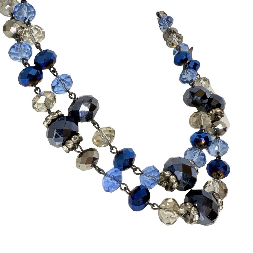 Vintage Crown Trifari Blue Crystal Layered Necklace 18" Beaded 2 Tier Gunmetal - Picture 3 of 8